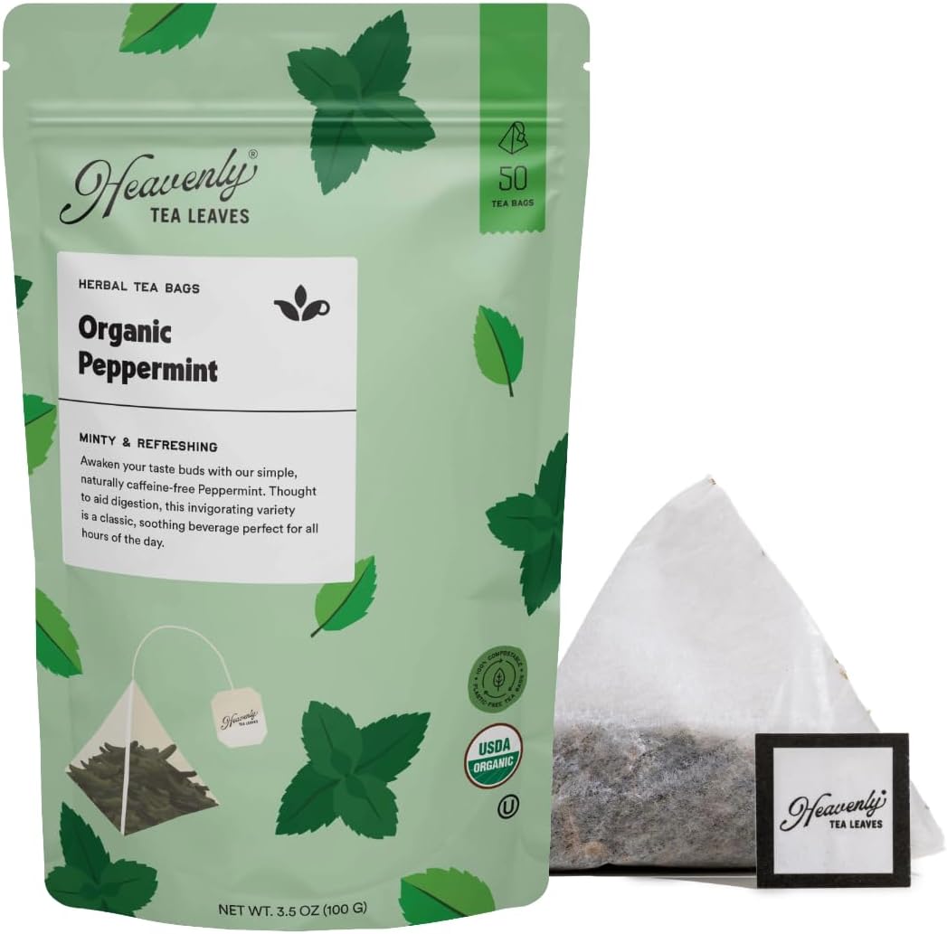 Heavenly Tea Leaves Organic Peppermint (50 Pyramid Tea Bags), Bulk Compostable Herbal Tea Sachets - 100% Plastic Free, Premium Quality, Whole Tea Leaves in a Convenient Tea Bag
