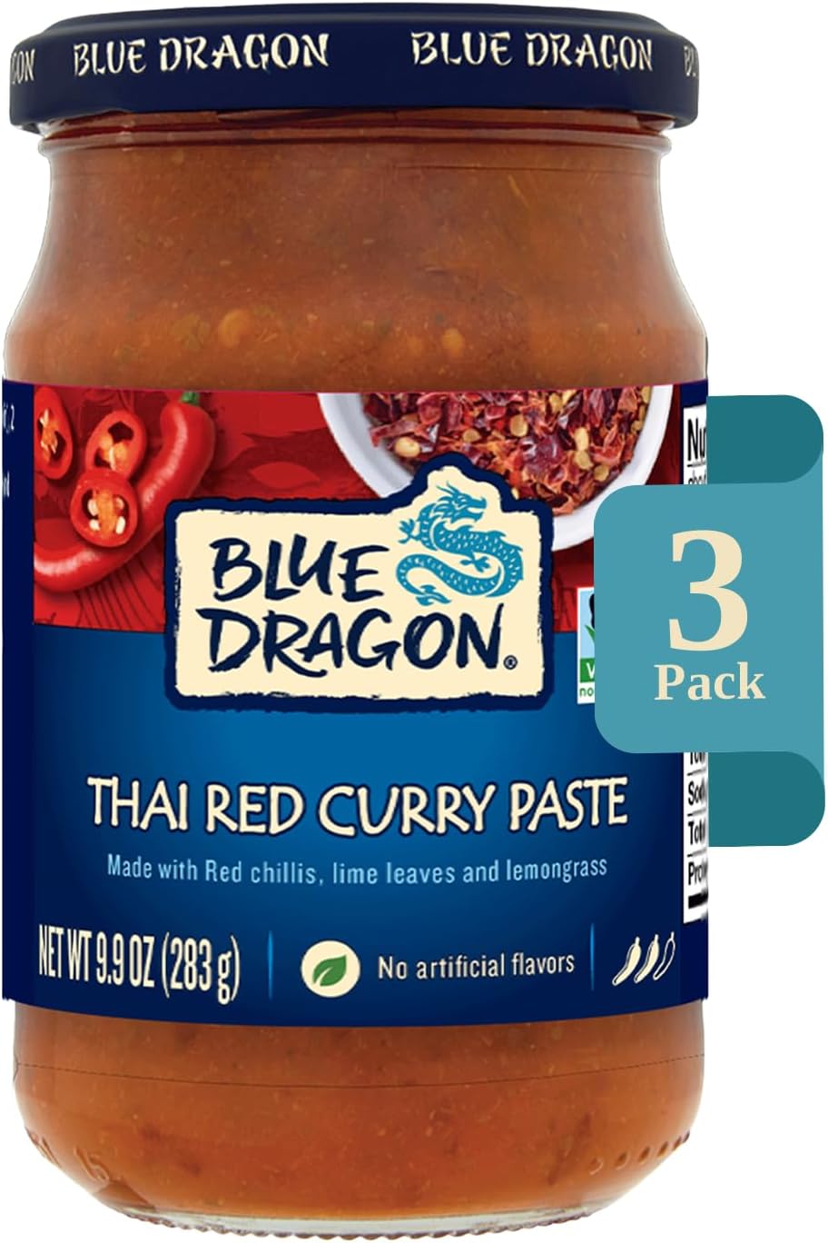 Blue Dragon Thai Red Curry Paste - 9.9oz Jar (Pack of 3) - No Artificial Flavors - Made w/ Red Chilies, Kaffir Lime Leaves & Lemongrass - Authentic Thai Curry Paste For Curries, Soups, Marinades & More