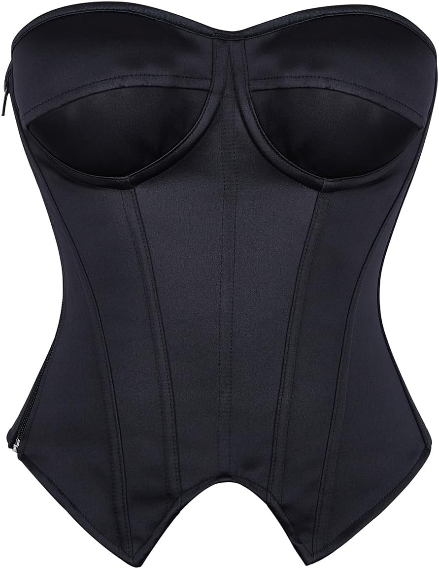 SHYMMUO Women Black Corset Top Elegant Strapless Bustier Tops Lace Up Sexy Office Lady Cosplay Costume Secretary Outfit
