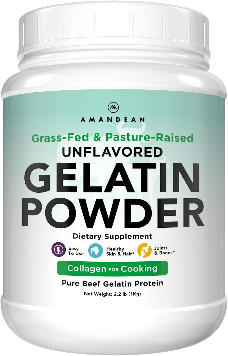 AMANDEAN Premium Gelatin Powder XL. Grass-Fed Beef Collagen Protein Supplement. Unflavored. Healthy Skin, Hair, Nails, & Gut. Paleo Friendly Cooking and Baking. 18 Amino Acids. Non-GMO.