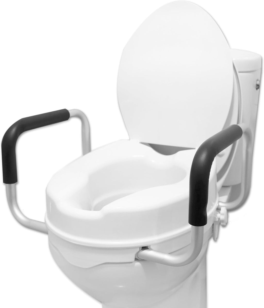PEPE Mobility Raised Toilet Seat with Handles and Lid for Elderly 4" High, Fits Round and Elongated up to 15" Wide, Commode Seat with Sturdy Brackets, Medical Aid
