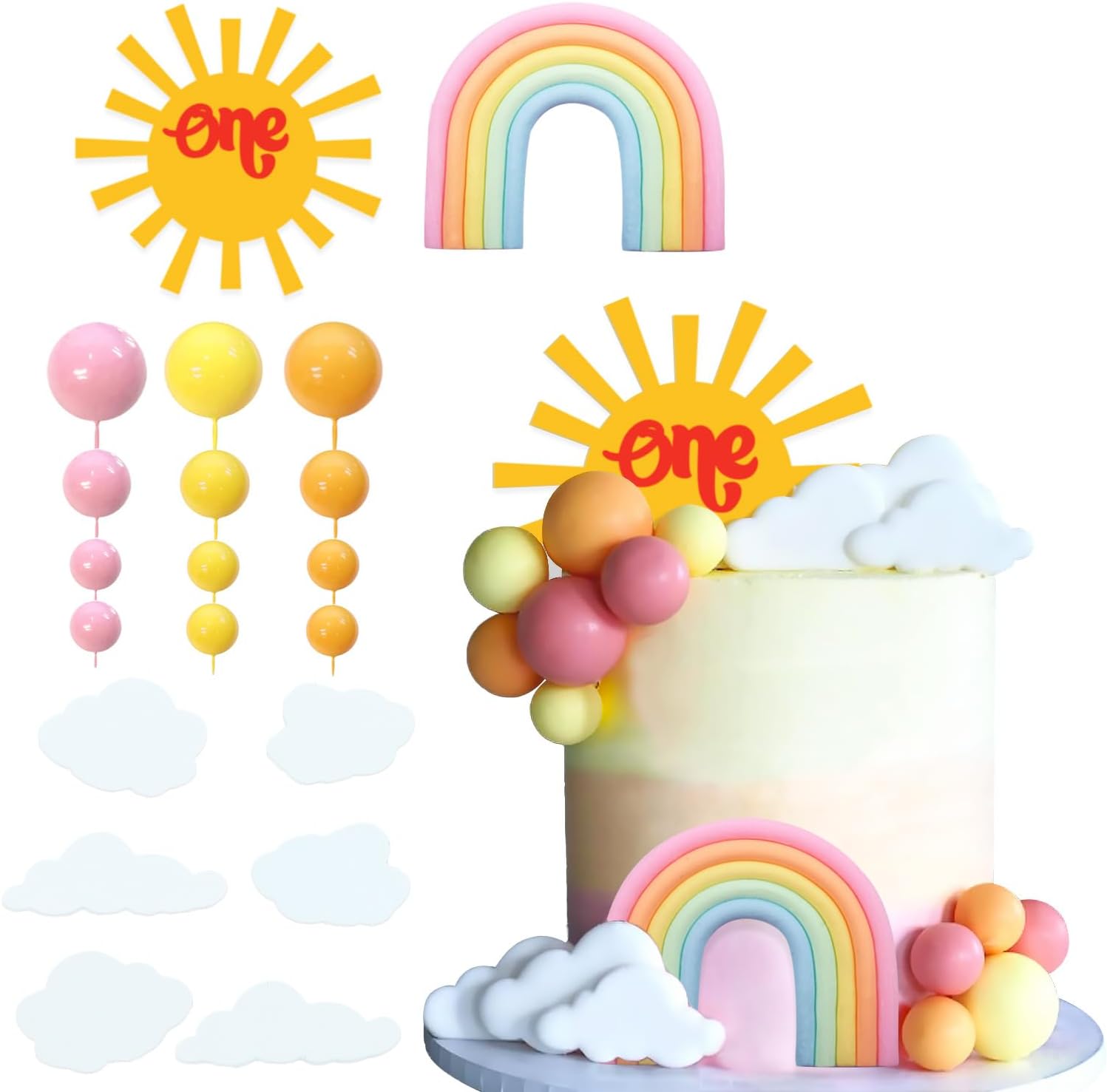 20PCS Rainbow Cake Toppers Sunshine One Cake Decorations with Rainbow Acrylic Sun Clouds Orange Yellow Pink Balls for Sunshine One Themed Party Party