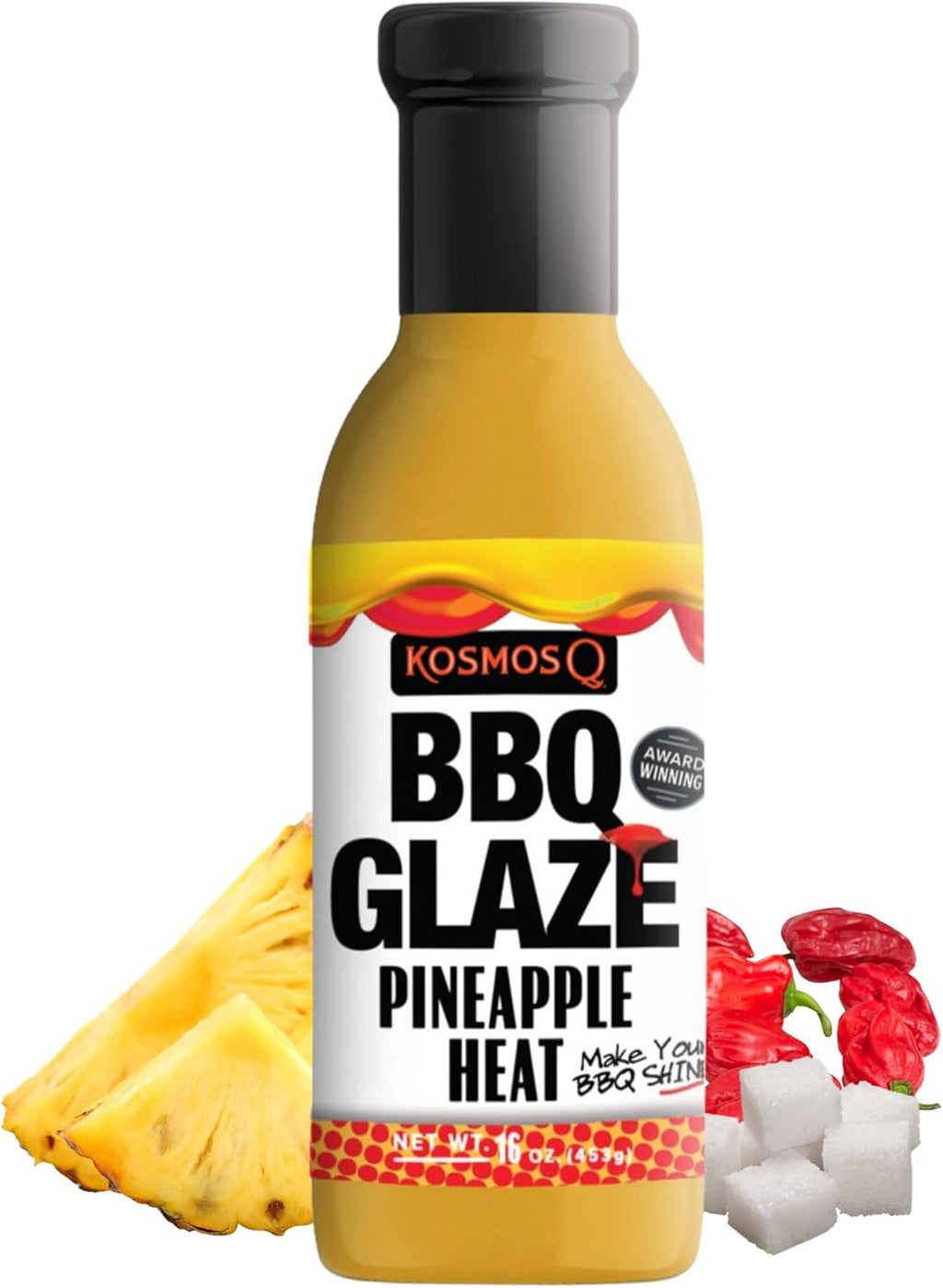 Kosmos Q Pineapple Heat BBQ Glaze, Sweet and Spicy Glaze for Ribs, Chicken, Pork, and Brisket, Thick Competition-Style BBQ Glaze with Real Pineapple and Scorpion Peppers, American Made, 15.5 Oz Bottle