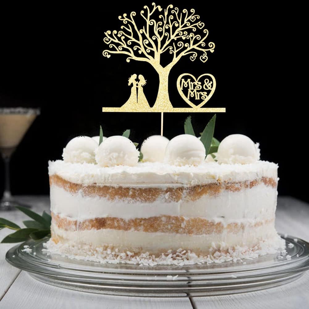 Mrs & Mrs Cake Topper - Romantic Lesbian Wedding Party Decor - LGBT Marriage Union, Love is Love, Gold Glitter