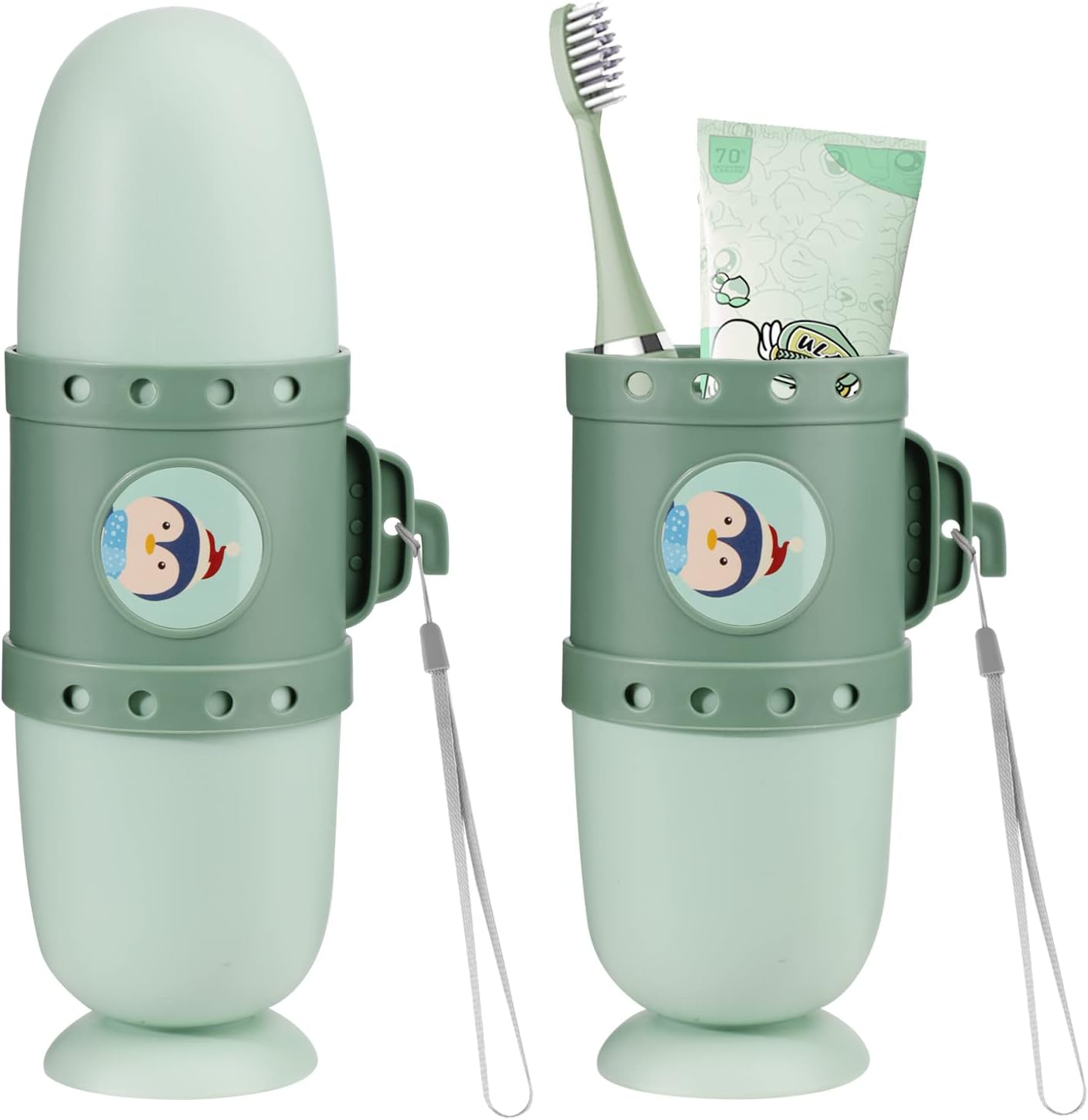 Pwsap Toothbrush Travel Case, Removable and Portable 3 in 1 Toothbrush Holder Cup, Use for Travel, Hiking,Camping, School, Bathroom, Cute and Playful Submarine Styling for Kids and Teens (Green