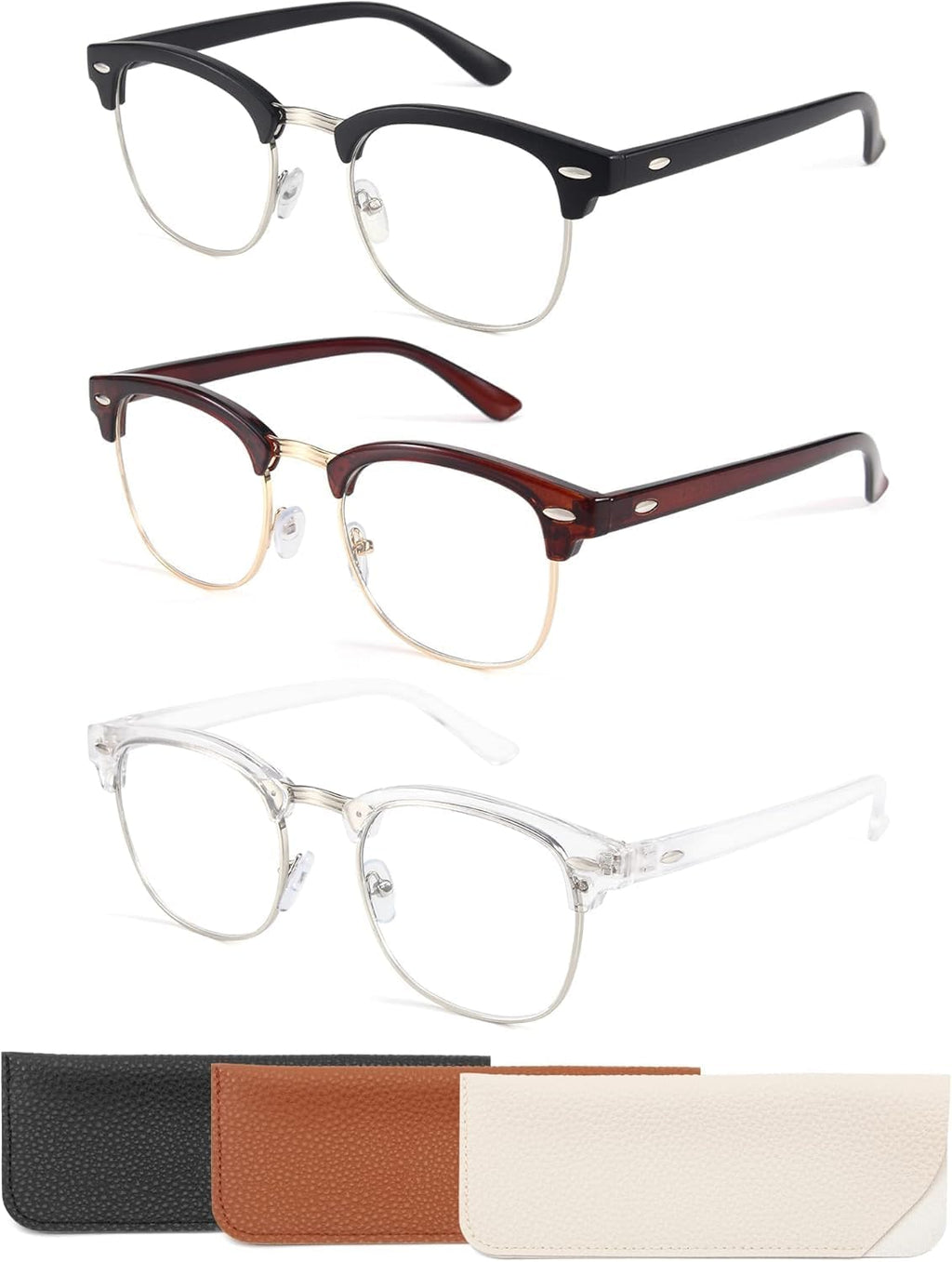 CCVOO 3 Pack Reading Glasses Blue Light Blocking, Retro Semi Rimless Readers for Men Women, Round Eyewear Filter UV400