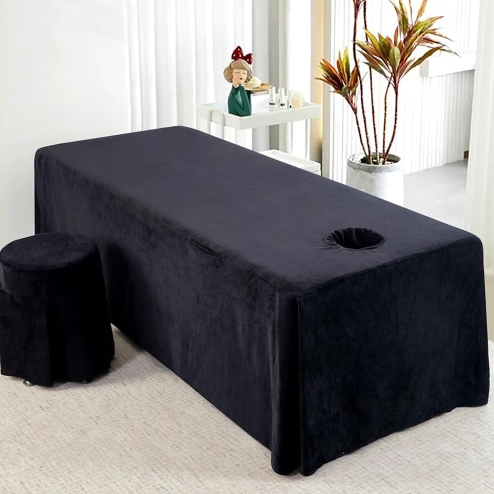 Solid Massage Bed Skirt Massage Bed Cover with Breath Hole Soft Crystal Velvet Spa Bed Cover with Skirt Massage Table Bed Sheet with Skirt Round Square Head Washable,B/Black,80 * 190cm(S)