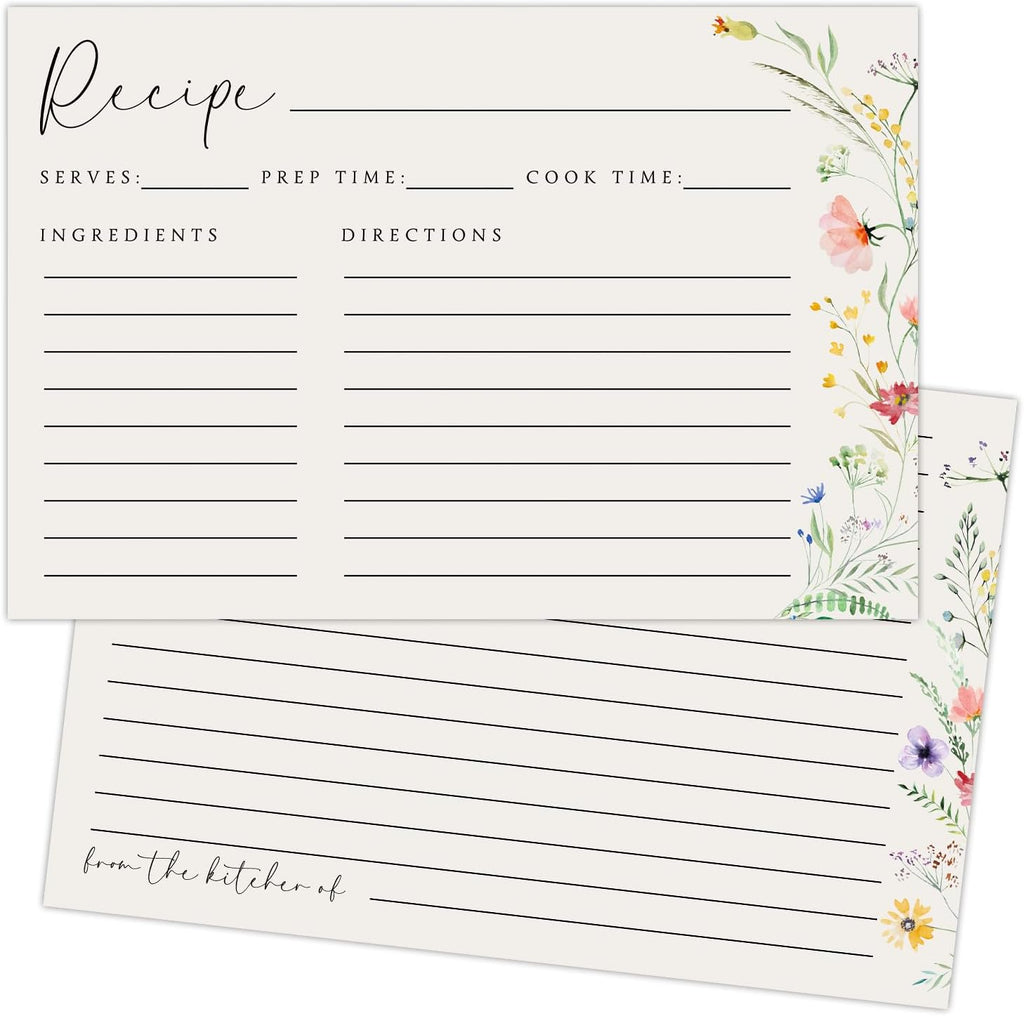 JOETMAE 50PCS Wildflower Recipe Cards,4×6 In Double Sided Cards,Blank Recipe Card for Wedding, Bridal Shower and Baby Shower