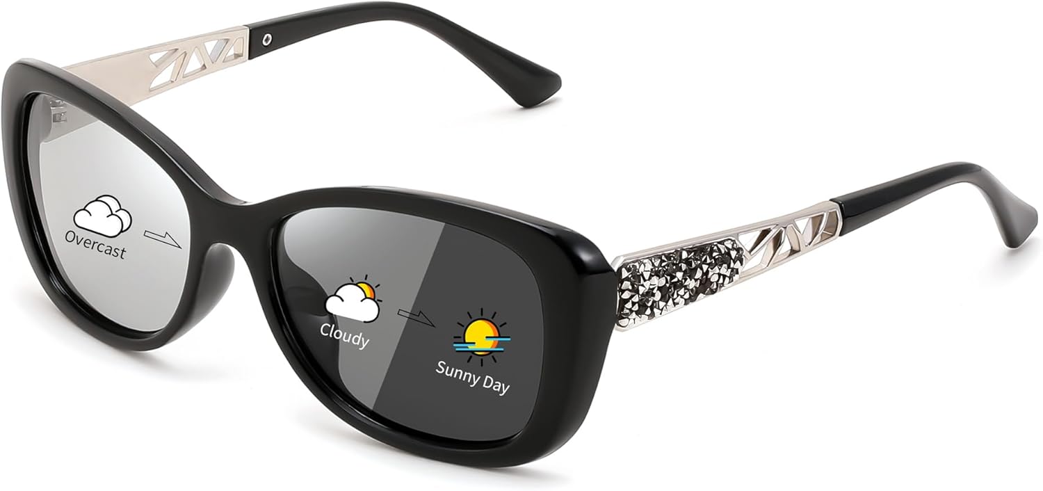 FEISEDY Polarized Women Sunglasses Retro Shades Photochromic Lens Sparkling Crystal Sunglasses UV400 Protection B0144