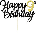 Happy 9th Birthday Cake Toppers Glitter 9th Anniversary Cake Topper 9 Years Loved Bday Decorations 9 Gold Birthday Cake Decorations Nine Party Supplies for Women Men(Black Gold)