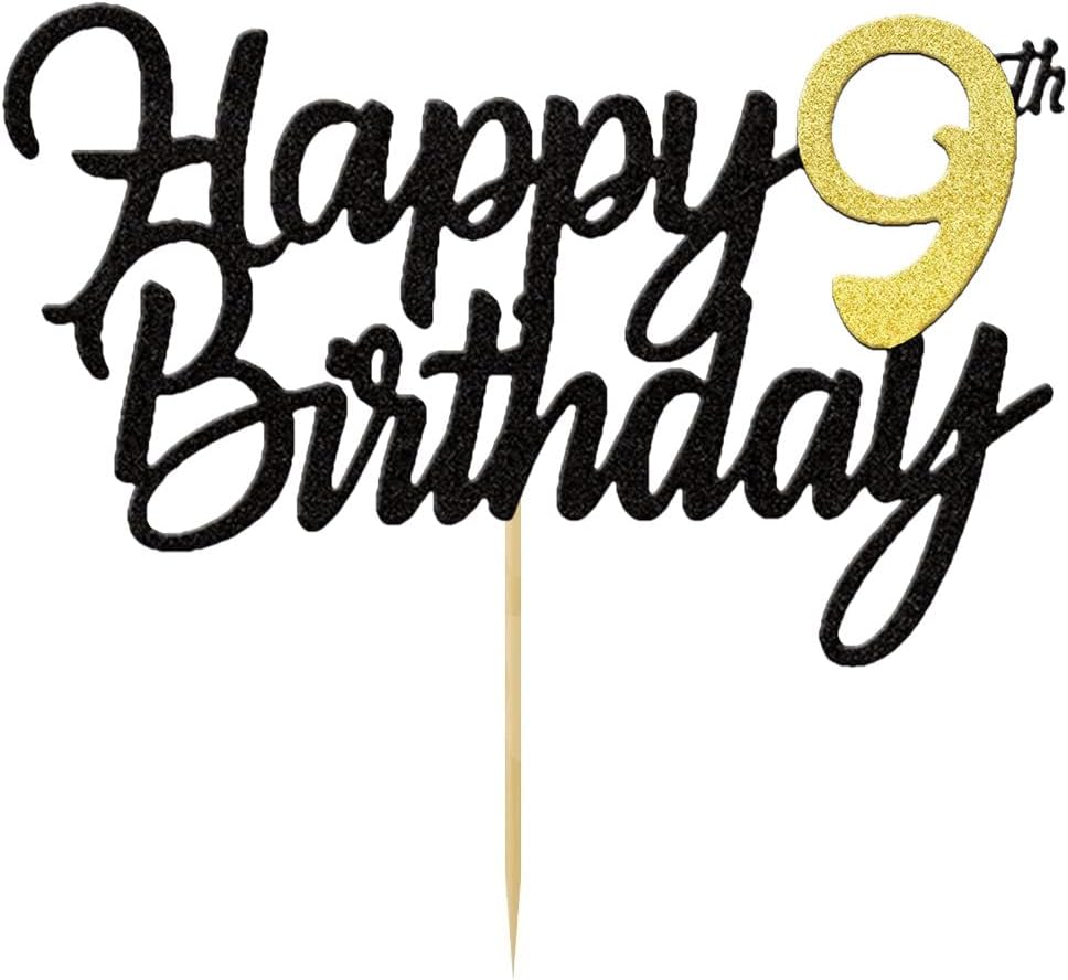 Happy 9th Birthday Cake Toppers Glitter 9th Anniversary Cake Topper 9 Years Loved Bday Decorations 9 Gold Birthday Cake Decorations Nine Party Supplies for Women Men(Black Gold)