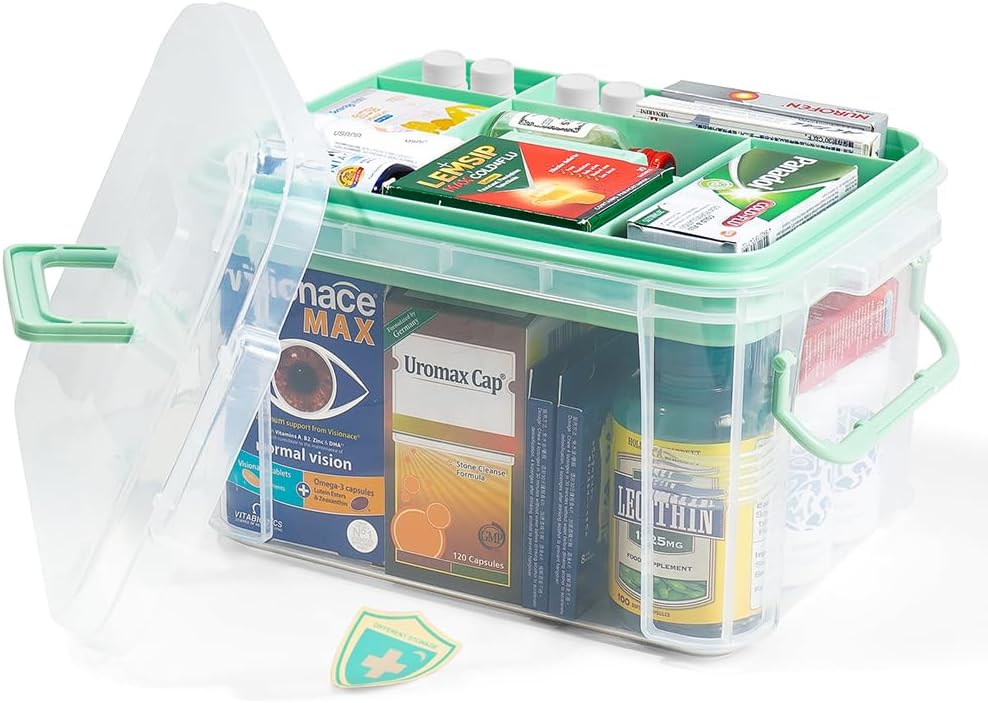 HEY FOLY 15qt Clear Medicine Organizer Storage Box with Tray, Plastic First Aid Box Empty, Thickened Medicine Container Chest, Multipurpose Medical Case with Labels, Medicine Caddy with Lids Handles