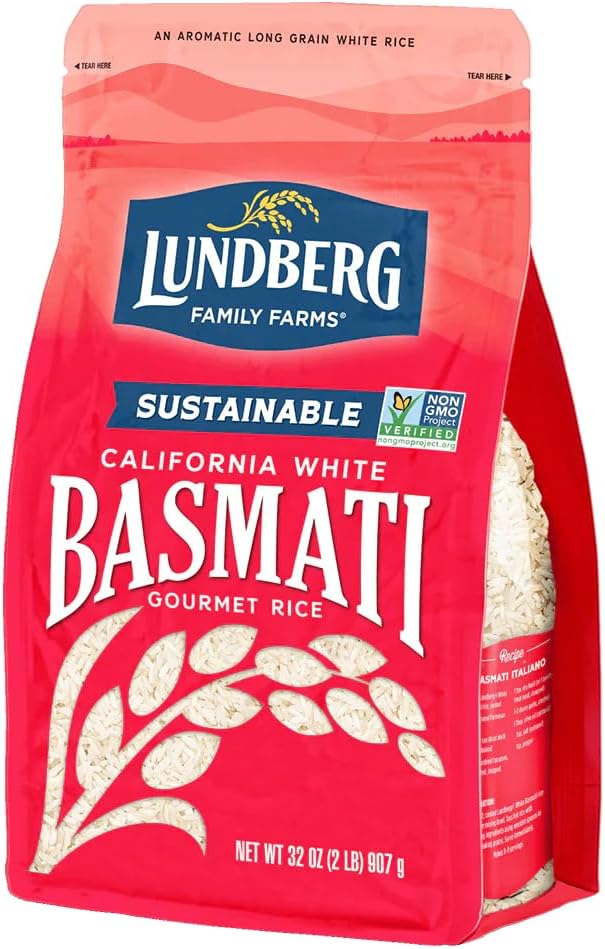 Lundberg Basmati Rice, Long Grain White Rice - Non-Sticky, Fluffy, Nutty, Aromatic Rice, Vegan Food, Healthy Meals, Gluten-Free Rice Grown in California, 32 Oz