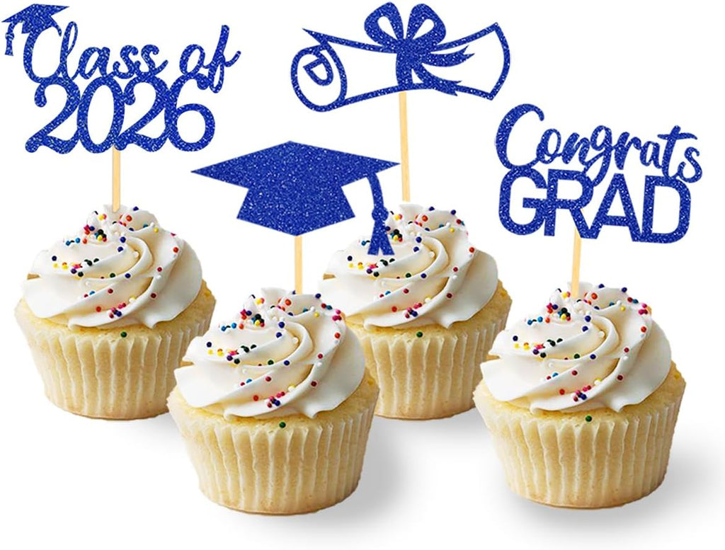 2026 Graduation Theme Cupcake Toppers Glitter Class of 2026 Graduation Cap Diploma Cupcake Picks - Set of 24 (Blue2)
