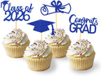 2026 Graduation Theme Cupcake Toppers Glitter Class of 2026 Graduation Cap Diploma Cupcake Picks - Set of 24 (Blue2)