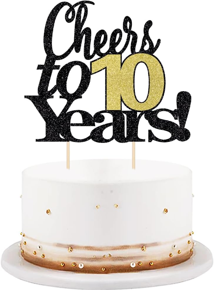 LVEUD Black Font Golden Numbers Cheers to 10 Years Happy Birthday Cake Topper -Wedding,Anniversary,Birthday Party Decorations (10th)