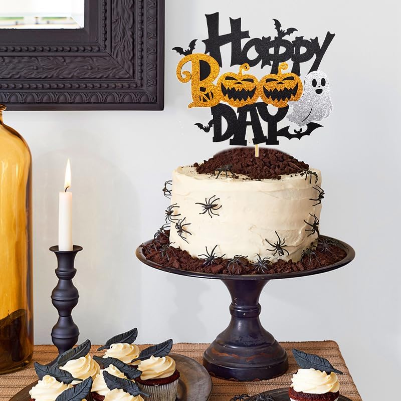 1Pcs Happy Halloween Cake Topper Black Glitter Happy Boo Day Cake Topper Castle Witch Pumpkin Ghost Bat Halloween Cake Decorations Cake Pick for Halloween Birthday Baby Shower Party Supplies