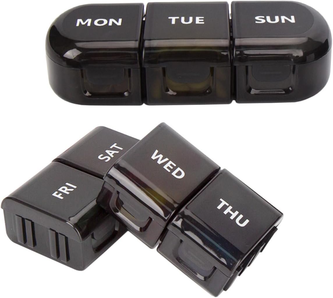 Didiseaon Weekly Medicine Organizer Portable Detachable 7-Compartment Pill Box Black Travel Case and Medication Storage