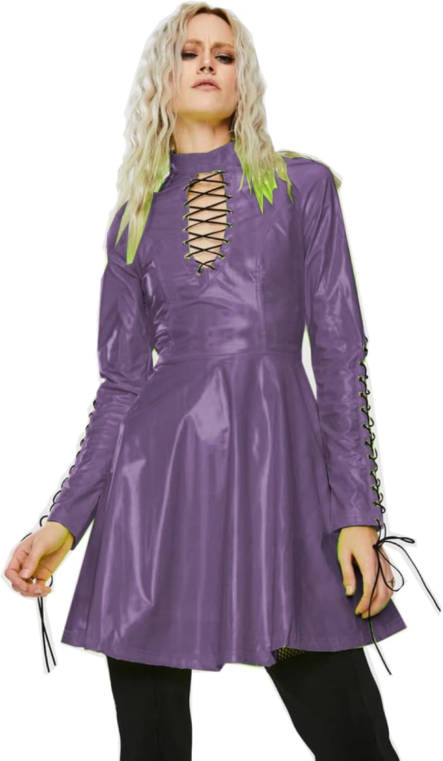 Women PVC Long Sleeve Dress Vinyl Hollow Out A-Line Dress High Waist Above Knee Mini Party Dress,Dark Purple,L