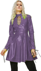 Women PVC Long Sleeve Dress Vinyl Hollow Out A-Line Dress High Waist Above Knee Mini Party Dress,Dark Purple,L