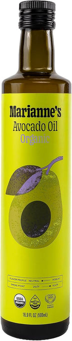 Marianne’s Organic Avocado Oil: 100% Pure Organic Cooking Oil for Frying, Sautéing & Baking, Neutral Flavor, High-Heat Performance Up to 500°F, Clean Label Project Purity Award