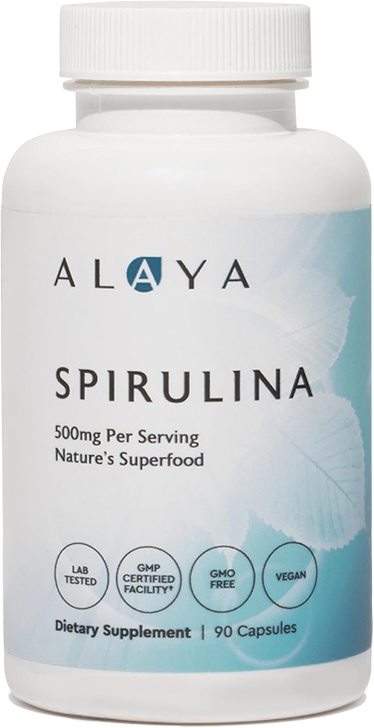 Alaya Naturals Pure Spirulina Capsules – Hawaiian-Grown Blue Green Algae Superfood, Non-GMO, Vegan – 500mg, 90 Capsules