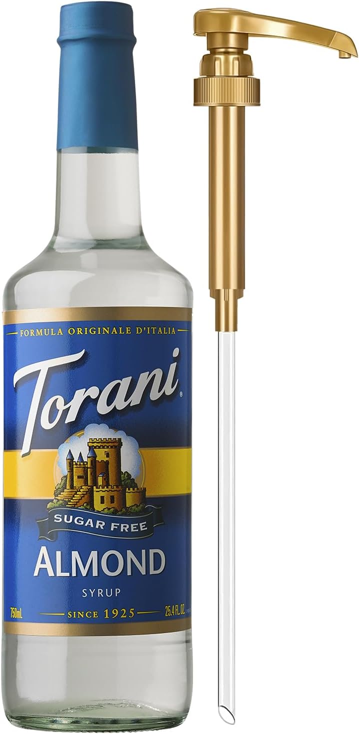 Torani Sugar Free Syrup, Almond Flavored Syrup for Drinks, Zero Calorie, Glass Bottle with Pump Included, 25.4 Fl Oz