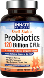 Innate Vitality Probiotics 120 Billion CFUs for Men & Women, 34 Strains with Prebiotics & Digestive Enzymes, Immune & Digestive Health, Delayed Release, Shelf Stable, 30 Vegan Capsules