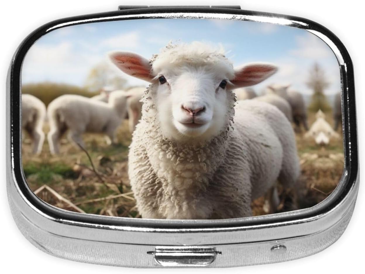 Square Round Pill Case Cute Sheep Lamb Pill Box Daily 2 Compartment Travel Pill Container for Pocket Purse Portable Medicine Cod Liver Oil Storage Box 2 Times a Day Pill Organizer