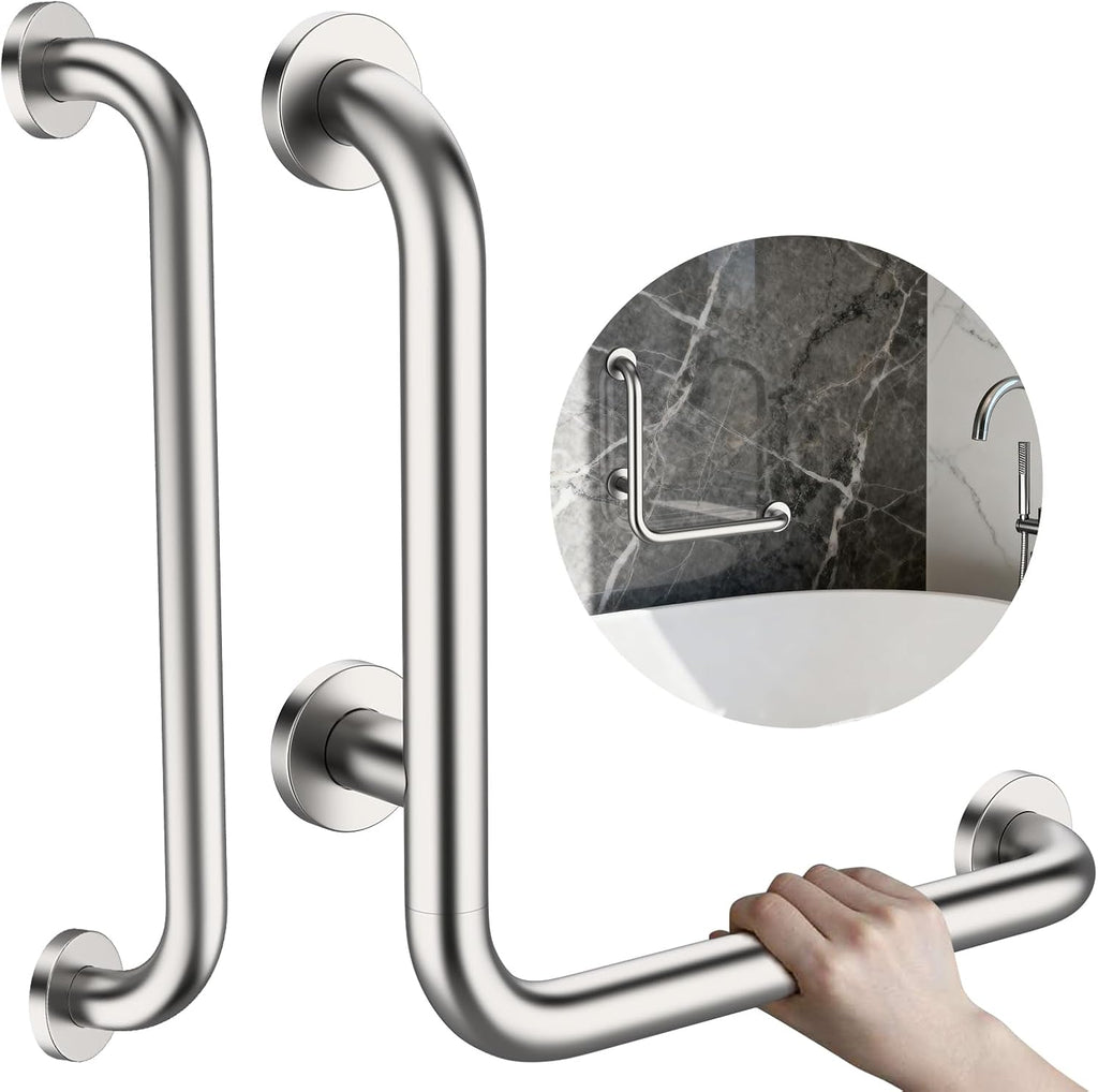 L-Shaped Angled Shower Grab Bar w/Straight Bathroom Safety Handrail 16 Inch, iHansee Brushed Nickel Handicap Grab Bar Wall Mounted, Toilet Bathtub Balance Support Bar for Elderly Seniors Injury