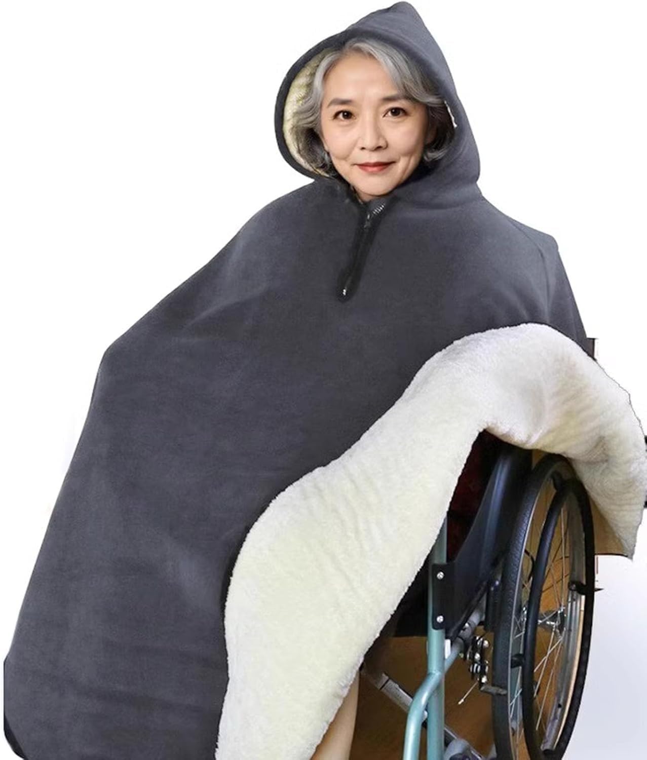 Hooded Warm Wheelchair Blanket Poncho – Fleece-Lined Cold-Proof Wheelchair Shawl for Adults, Elderly & Mobility Impaired, Winter Thermal Cloak for Outdoor Comfor Gray