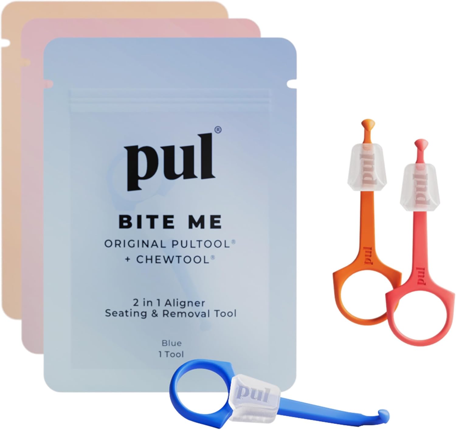 PUL Pack of 3 Reusable 2-in-1 Aligner Seating Chewie & Removal Tool — Compatible with Invisalign, Removable Braces, Retainers, Trays – Easy-to-Use Remover & Chew, Dental, Oral – Pink, Orange, Blue.