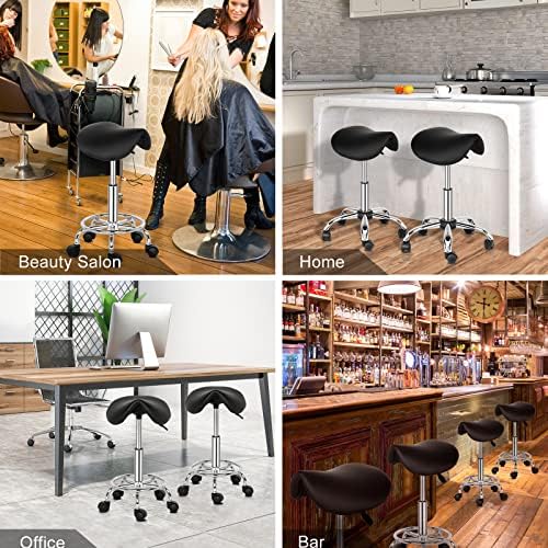 Bonnlo Adjustable Saddle Salon Stool Hydraulic Gas Lift Chair, Swivel Rolling Wheels & Ergonomic, for Hairdressing Manicure Tattoo SPA Beauty Therapy Bar Studio, Black