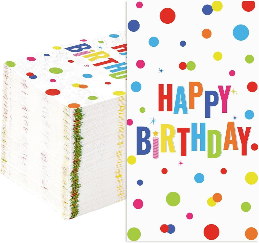 100 Pcs Happy Birthday Paper Napkins 3 Ply Colorful Dots Birthday Hand Towels Disposable Absorbent Colorful Polka Dot Guest Napkins for Christmas Adults Kids Birthday Cocktail Picnic Party Supplies