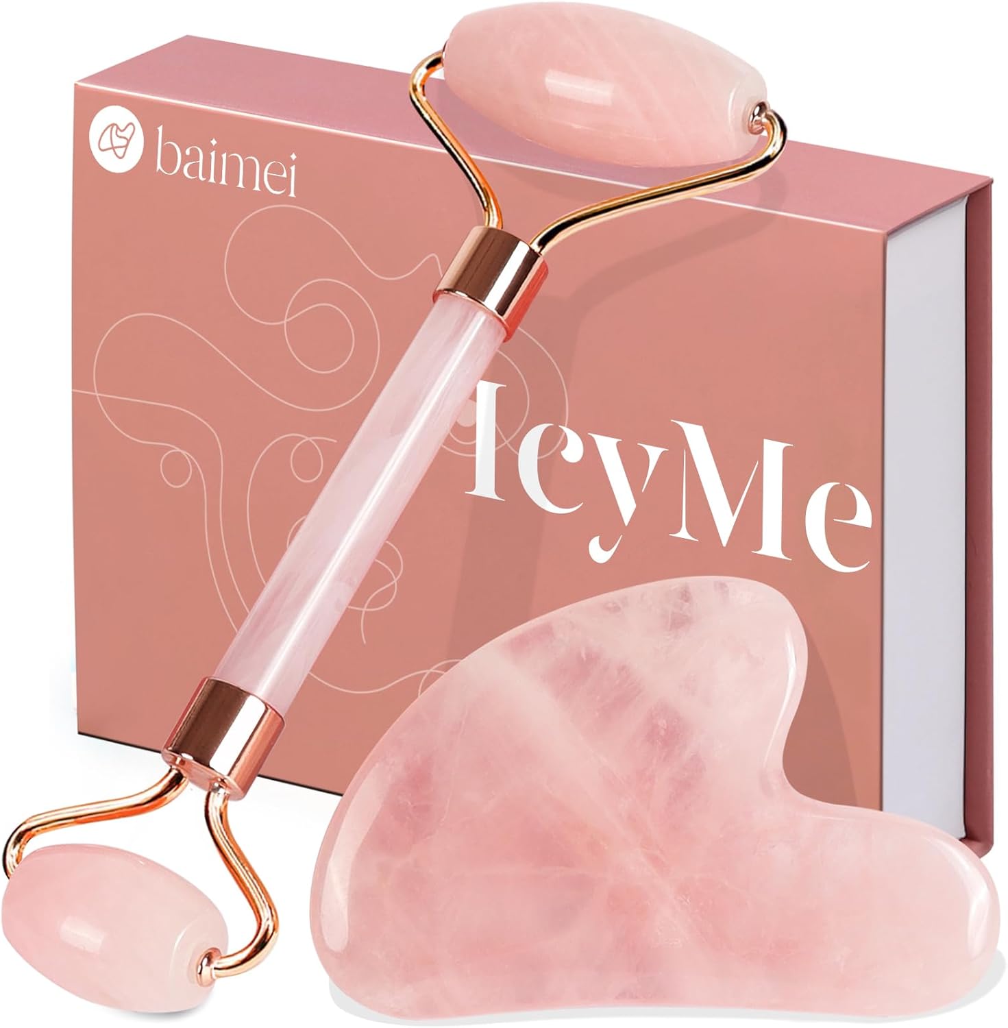 BAIMEI IcyMe Rose Quartz Roller & Gua Sha Set, Cooling Face Roller for Depuffing & Lymphatic Massage, Sculpting Tool for Face, Eyes & Neck, Smooth Skincare Gift for Women and Men