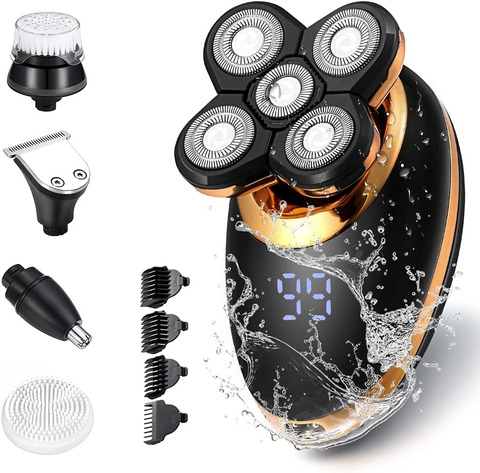 Electric Shavers for Men - 5 in 1 Bald Head Shavers for Men, 5D Floating Cordless USB Rechargeable Rotary Razor Multifunctional Grooming Kit Beard Trimmer Waterproof Wet and Dry with LED Display