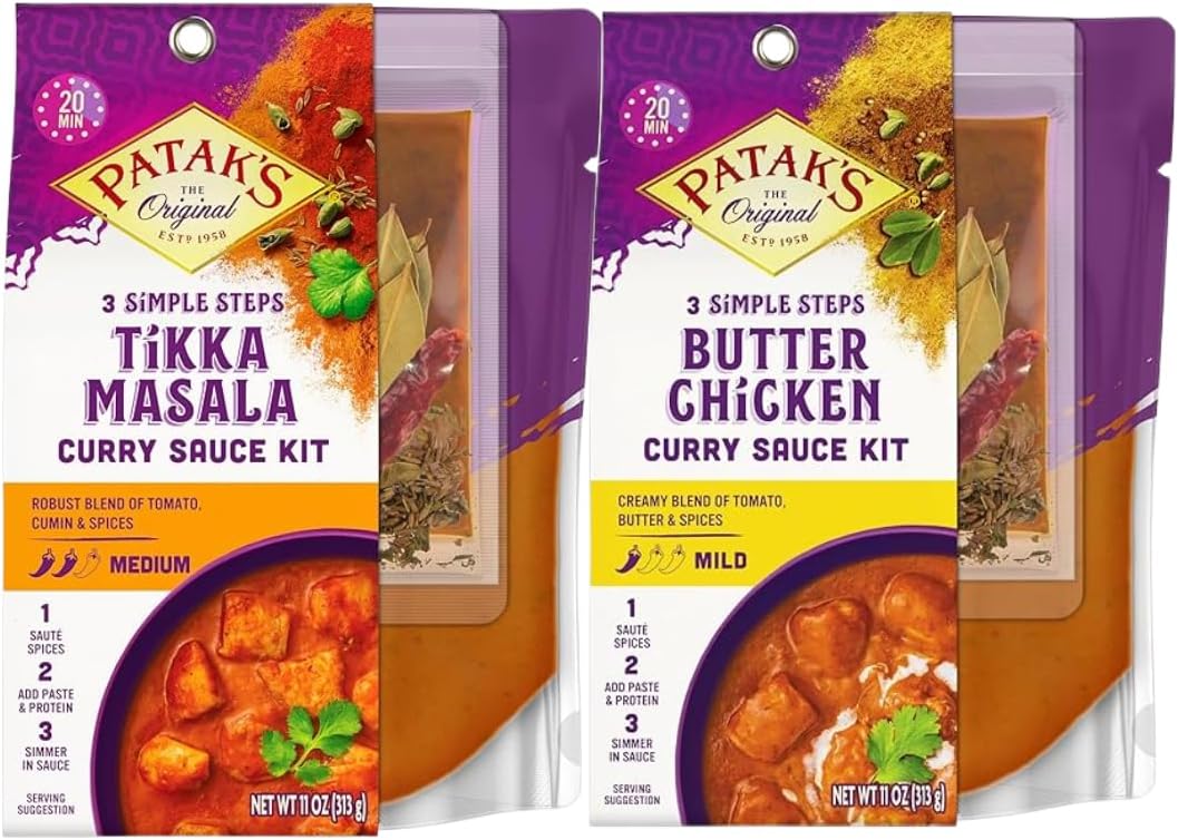 Patak’s 3-Step Curry Sauce Kit Variety Pack (1 Tikka Masala, 1 Butter Chicken) - Vegetarian Meal Kit for Easy Home Cooking - Includes Whole Spices, Spice Paste & Simmer Sauce - 11 oz Each (Pack of 2)