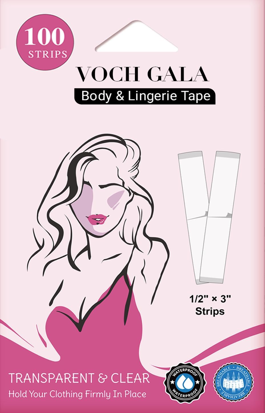 VOCH GALA Double Sided Tape for Clothes & Body (100 Strips) – All‑Day Hold Lingerie Tape for Bridal & Wedding Dresses | Hypoallergenic Body Tape for Sensitive Skin |Medical‑Grade Adhesive, Low Residue