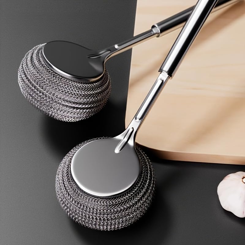 2 Pcs Stainless Steel Scrubber with Long Handle, Metal Steel Wool Pot Brush for Kitchen Sink, Heavy Duty Dish Wand Scrubber for Cast Iron Skillet Pan