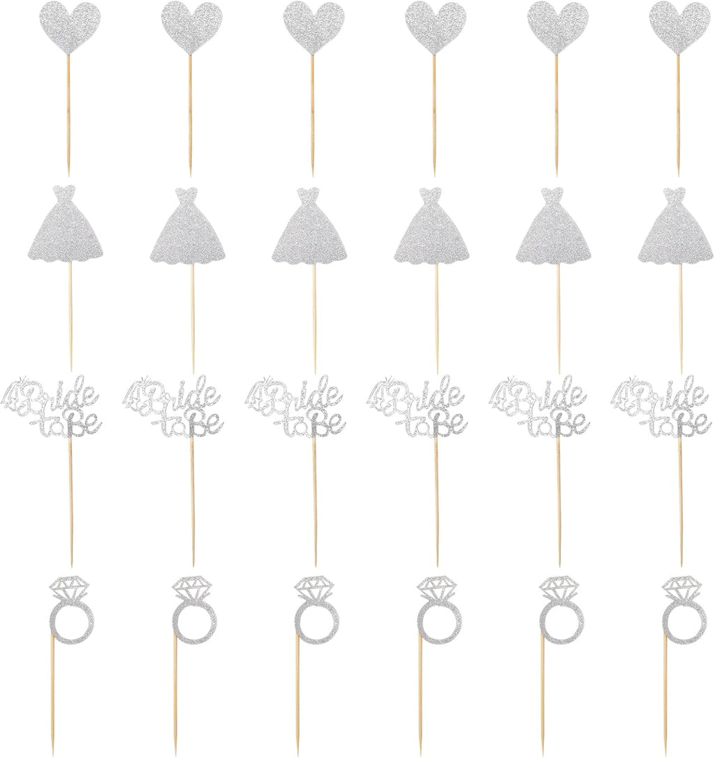 24 Pcs Glitter Bride Cupcake Toppers Silver Bridal Shower Cupcake Picks with Heart Ring Dress for Wedding Engagement Anniversary Party Cake Decorations