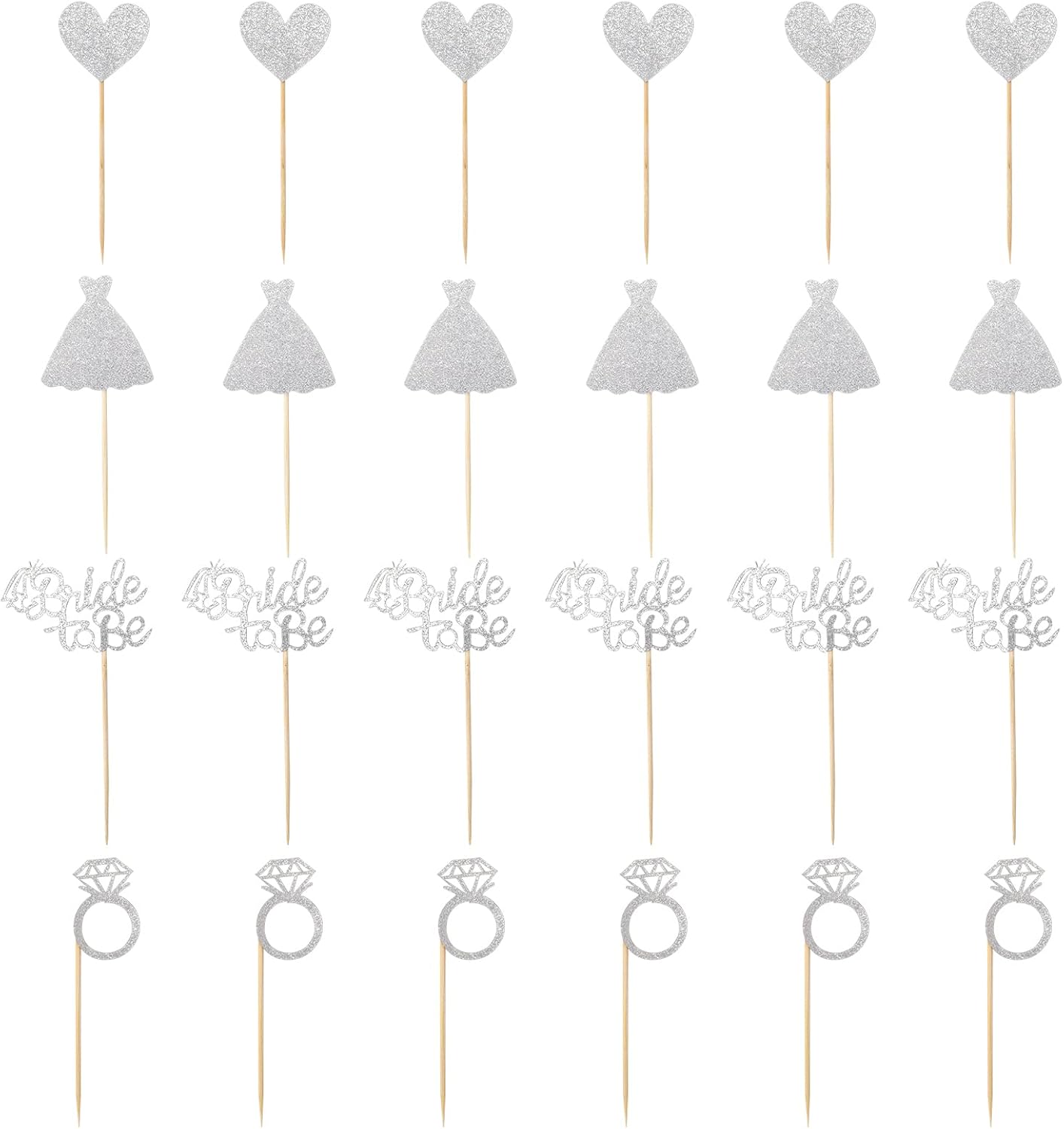 24 Pcs Glitter Bride Cupcake Toppers Silver Bridal Shower Cupcake Picks with Heart Ring Dress for Wedding Engagement Anniversary Party Cake Decorations