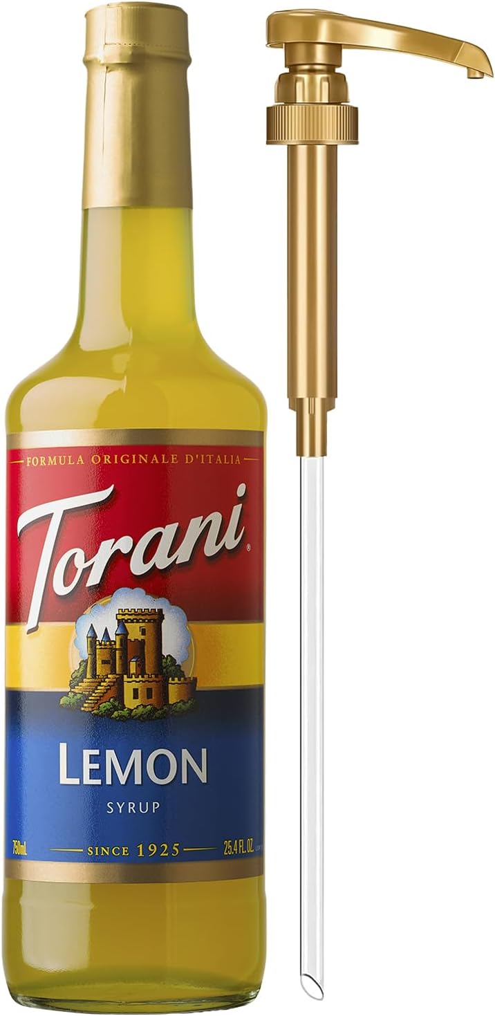 Torani Lemon Syrup for Drinks, Flavoring for Iced Tea, Sodas, and Cocktails, Glass Bottle with Pump Included, 25.4 Fl Oz