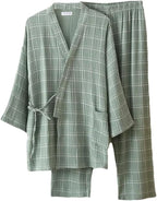 REHJJDFD Women Cotton Kimono Two-Piece Long Sleeve Trousers Loose Couple Pajamas Set