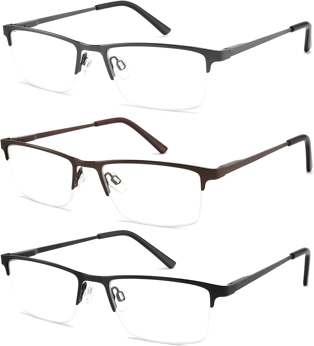 3 Pack Blue Light Blocking Reading Glasses Men Readers Anti Glare UV Metal Semi-frame Spring Hinge Lightweight Sturdy Trendy Eyeglasses 1.0+