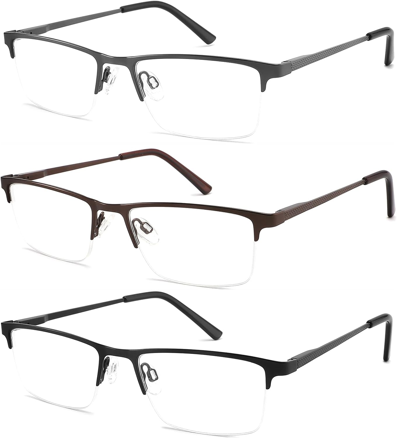 3 Pack Blue Light Blocking Reading Glasses Men Readers Anti Glare UV Metal Semi-frame Spring Hinge Lightweight Sturdy Trendy Eyeglasses 1.0+