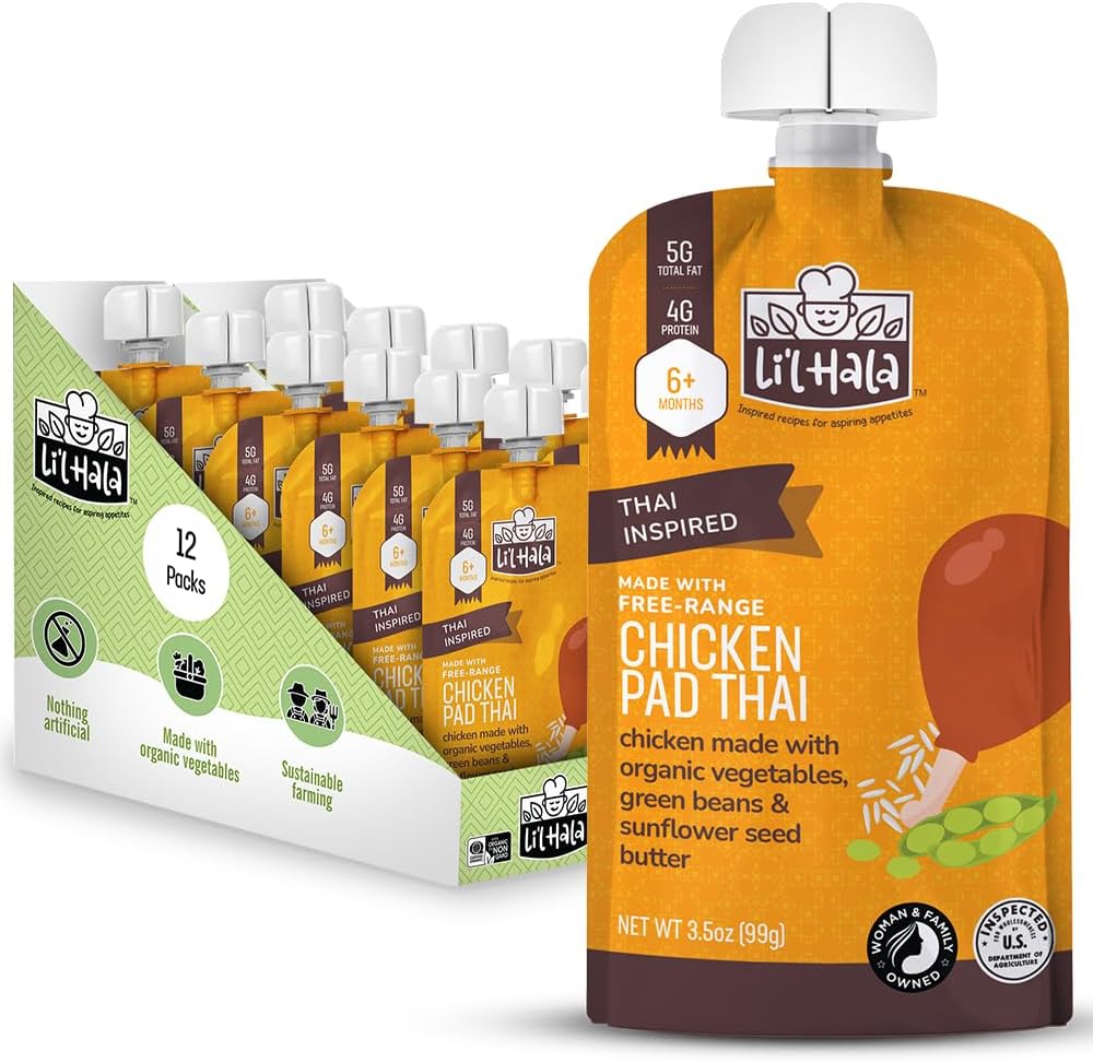 Li'l Hala Chicken Baby Food Meat Pouch | Pad Thai (12 ct) | 6+ Months Savory Baby Food Pouches with Protein and Organic Veggies, Nutrient Packed Toddler Snacks with Iron & Fiber | Stage 2 Meat Puree