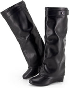 Fold Over Boots Women's Knee High Shark Boots Round Toe Wedge Heel Flat Shoes for Fall Winter Dress Shoes