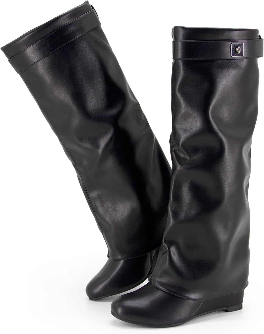 Fold Over Boots Women's Knee High Shark Boots Round Toe Wedge Heel Flat Shoes for Fall Winter Dress Shoes