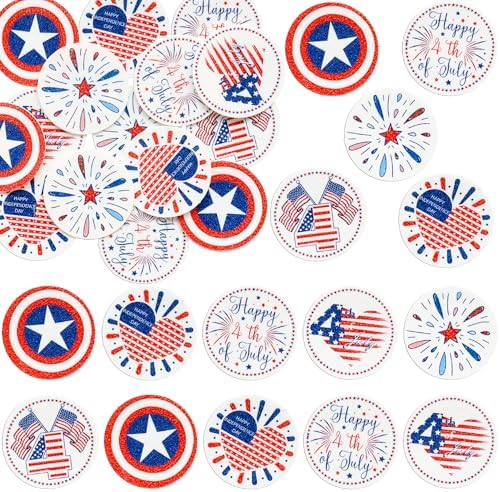 Ephlyn 54Pcs 4th of July Edible Cupcake Toppers American Flag Patriotic Cake Decorations Wafer Paper USA Independence Day for July 4th Party Supplies Red
