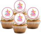 1st Birthday Girl Cake Decorations, Pink Edible Cupcake Toppers, Happy Birthday Cake Toppers, Girls Cupcake Decorations, 24 x 1.5 Inch / 4cm Wafer Card Discs UNCUT